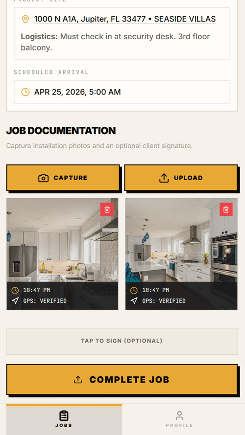 Field technician job documentation with GPS-verified photos