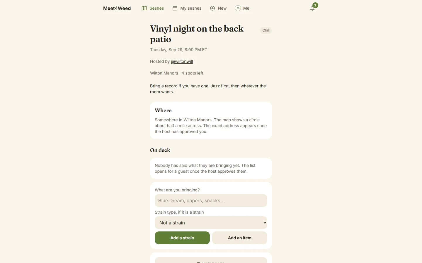 Private Meetup App page for one meetup: the time, the neighborhood and the spots left, with the exact address hidden until the host approves the guest