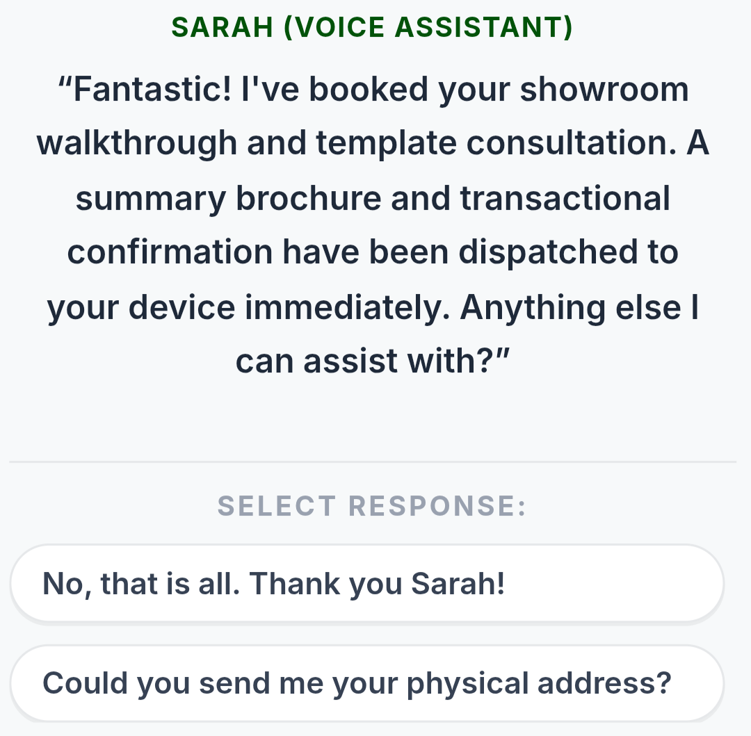 AI Voice Receptionist dashboard showing a customer profile, live conversation feed, and the confirmation email