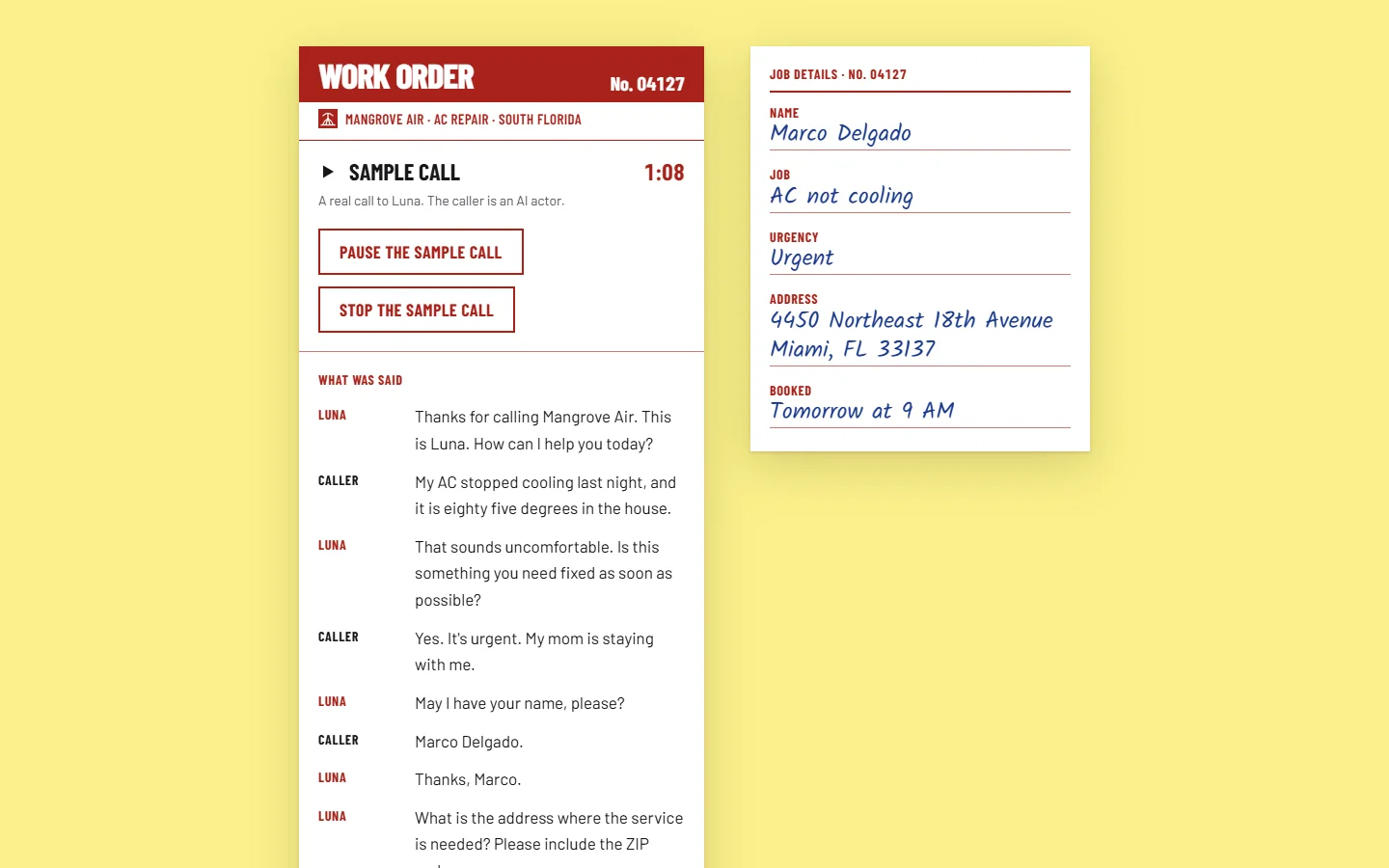 AI Voice Receptionist Sample Call for the made-up Mangrove Air: what Luna and the caller said on the left, and the job details on the right: name, job, urgency, address and booked time