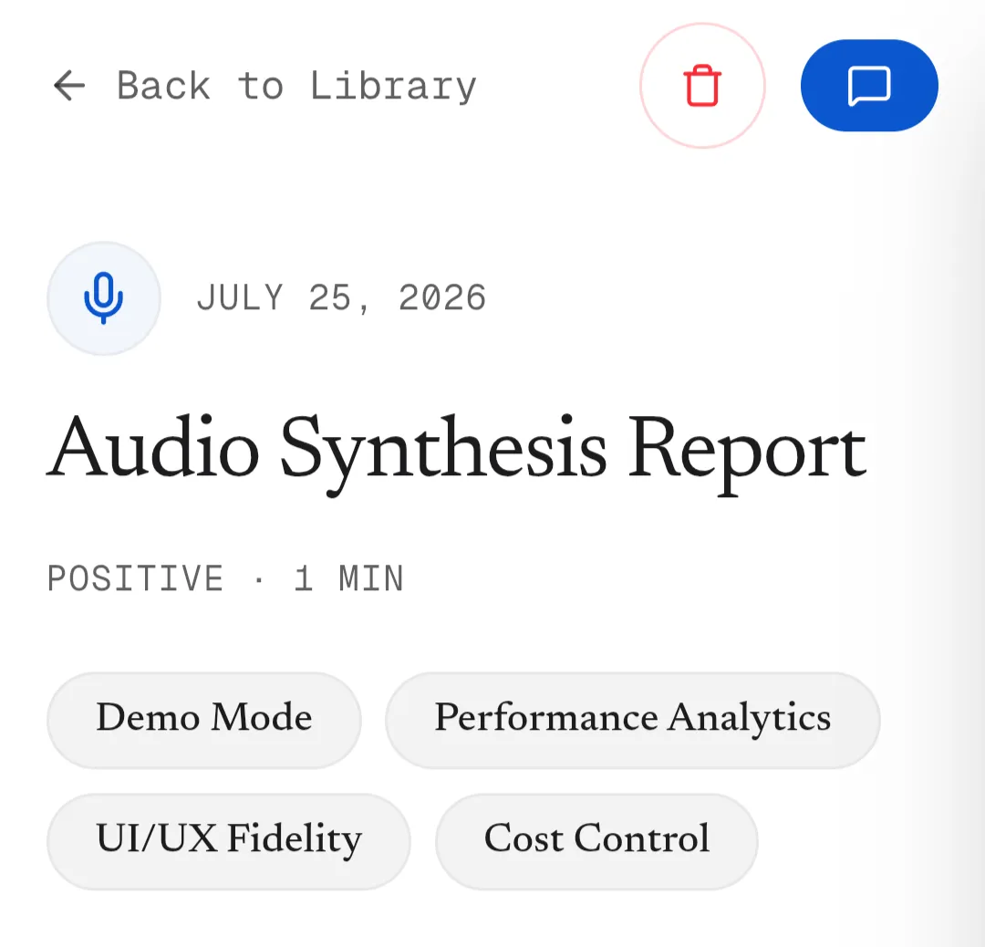 AI Audio & File Insights workspace showing automatic summaries, action items, and a searchable archive