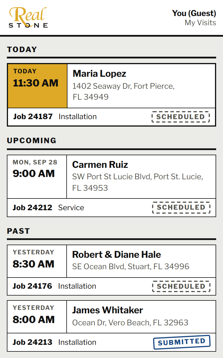 Field Photo Reports Installer app on a phone: today’s Visit, an upcoming Visit, and past Visits with their state