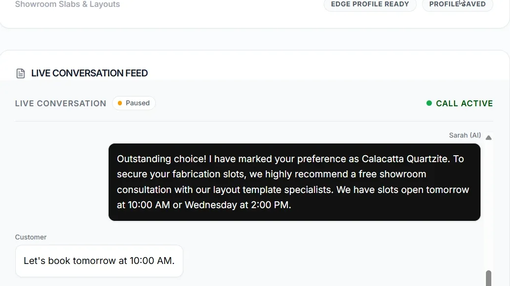 AI Voice Receptionist dashboard showing a customer profile, live conversation feed, and the confirmation email