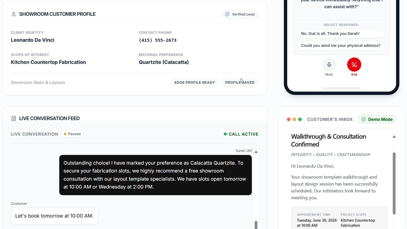 AI Voice Receptionist dashboard showing a customer profile, live conversation feed, and the confirmation email