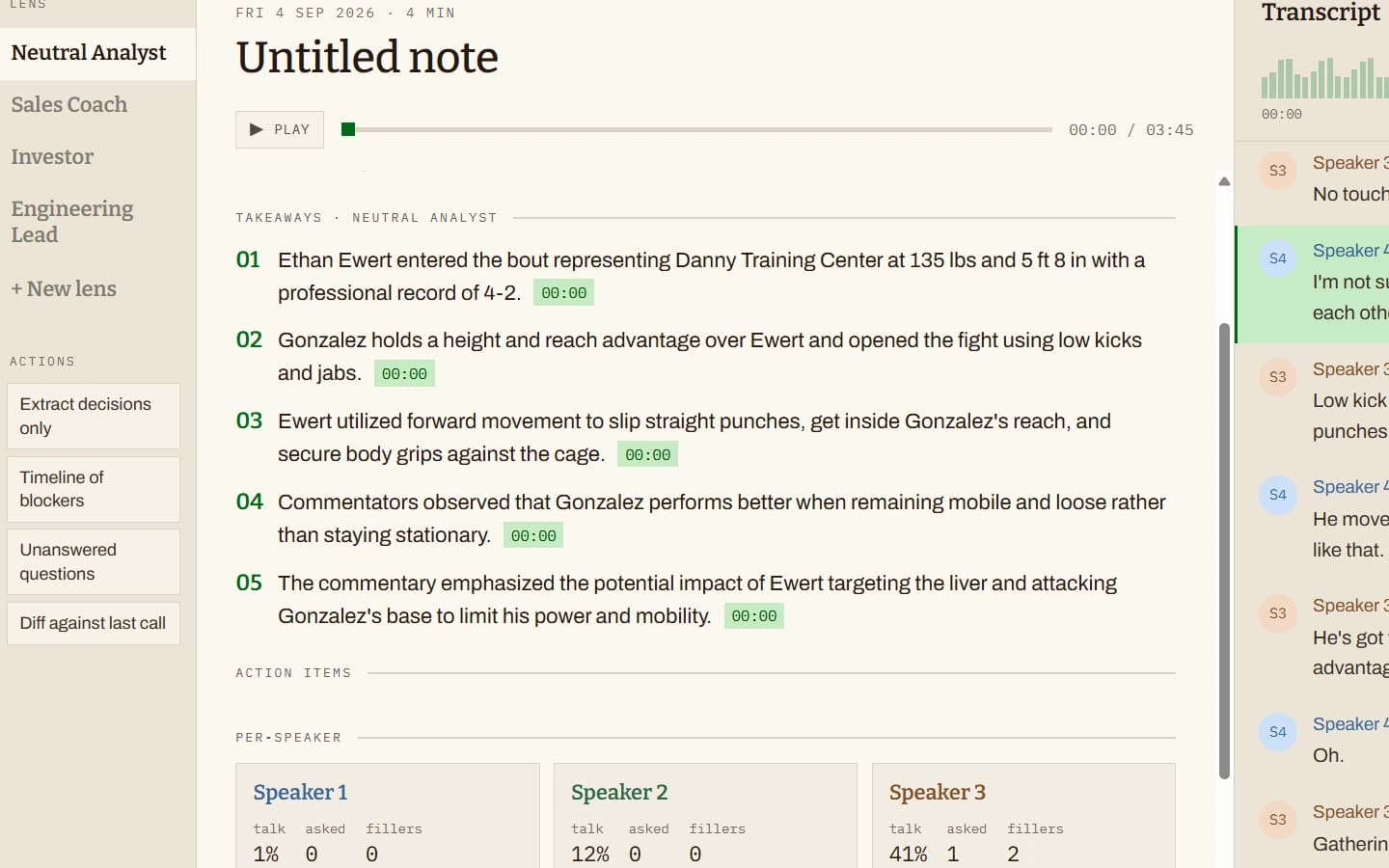 AI meeting notepad showing generated takeaways with timestamp citations, per-speaker stats, and the diarized transcript alongside